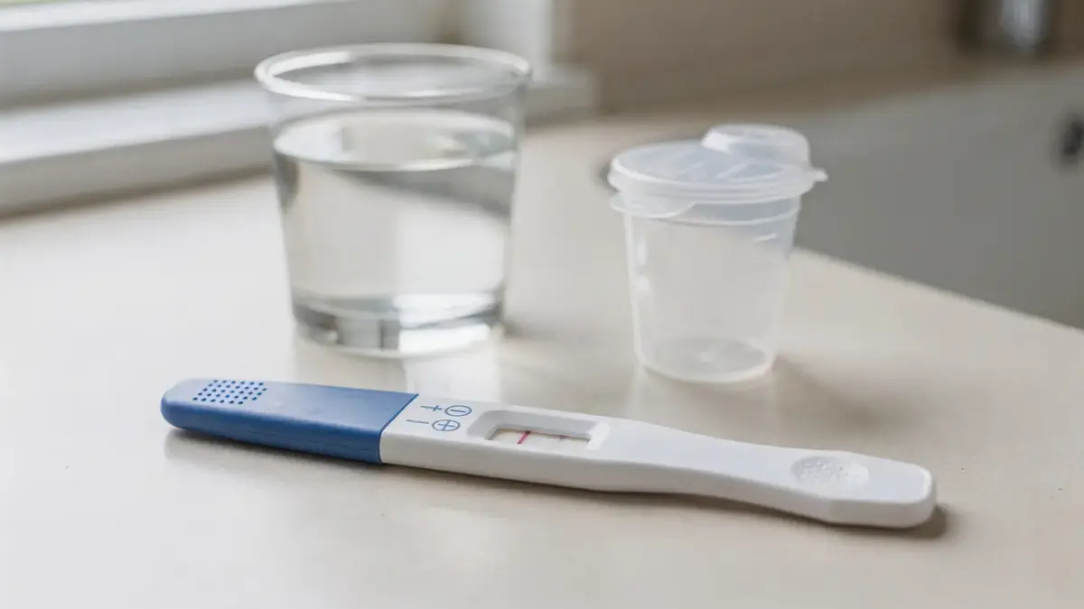 Schwangerschaftstest, Wasser und Probenbecher zum Thema verdünnter Urin beim Schwangerschaftstest