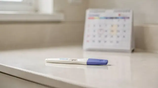Schwangerschaftstest auf Badezimmerablage neben Kalender zum Test nach Eisprung