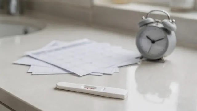 Schwangerschaftstest, Kalender und Uhr zum Thema ausbleibende Periode testen
