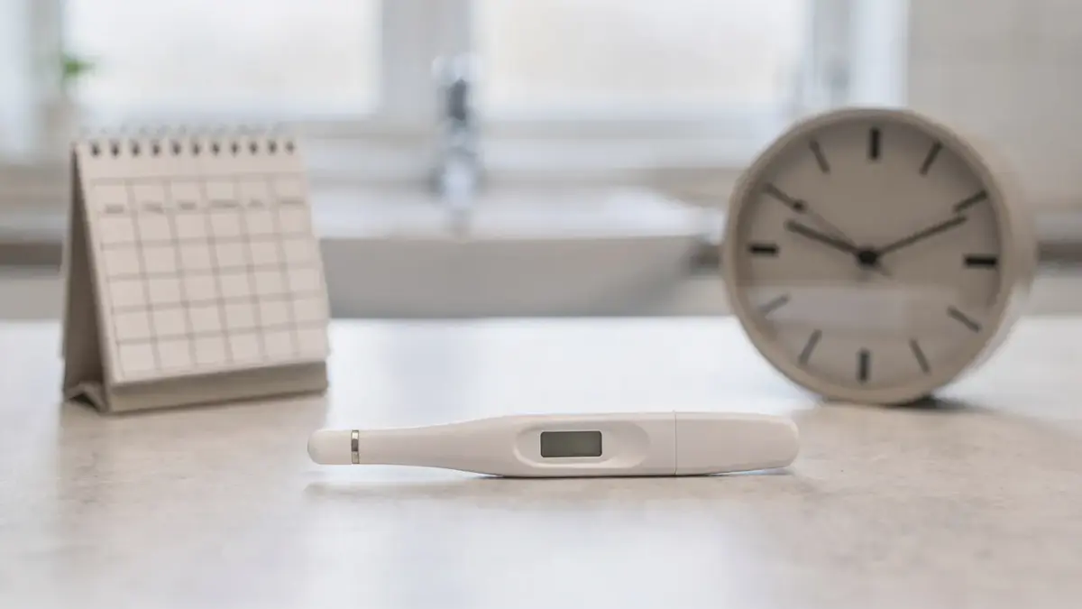 Schwangerschaftstest und Kalender bei verspäteter Periode in einem Badezimmer