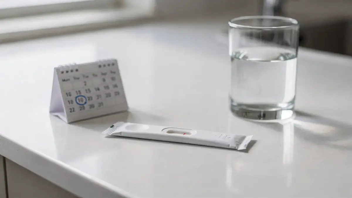 Schwangerschaftstest mit Kalender und Glas Wasser zum Thema 10 mIU/ml Schwangerschaftstest