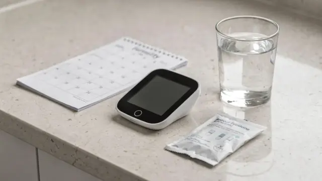 Kalender, Zyklustracker und Testkit zum unregelmäßigen Zyklus testen im Badezimmer
