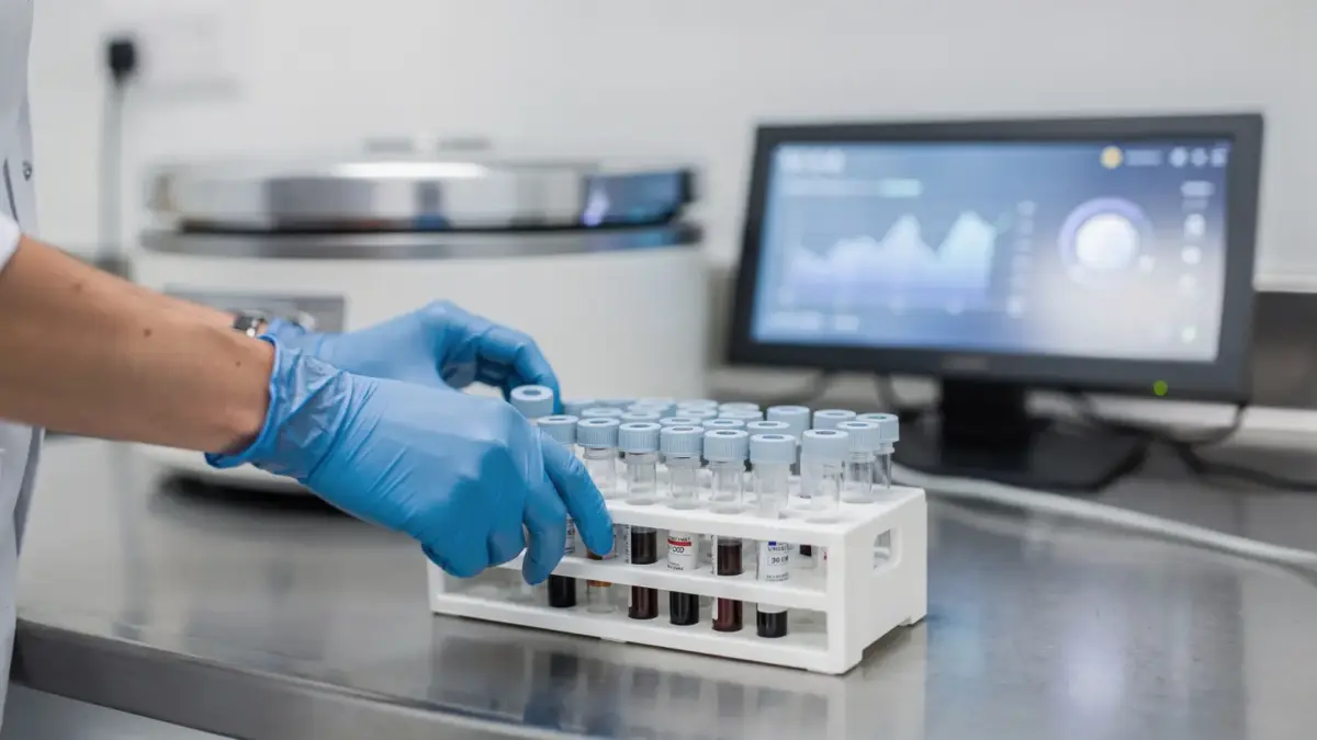 Bluttest in der Schwangerschaft im Labor mit Probenröhrchen und Handschuhen