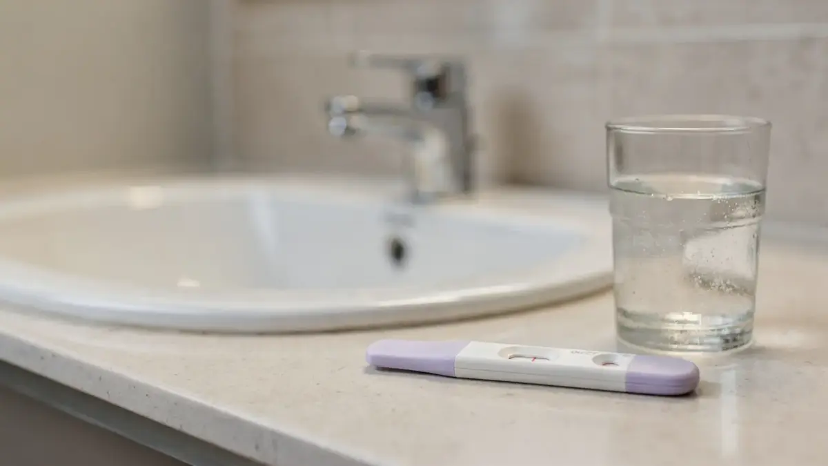 Schwangerschaftstest mit Wasser neben einem Glas in einem Badezimmer