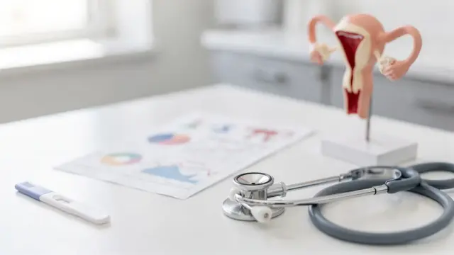 Gynekologische Beratung mit Schwangerschaftstest und Modell der weiblichen Anatomie zum Thema Eileiterschwangerschaft-Test