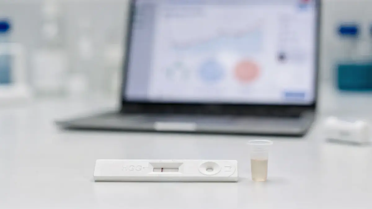 hCG-Schnelltest und Probenröhrchen in der Labordiagnostik zu biochemischen Schwangerschaftstests