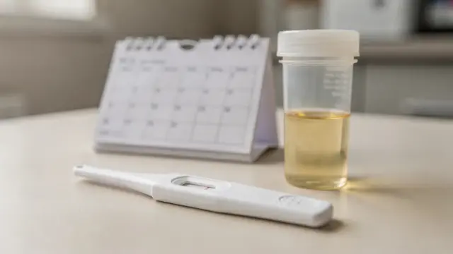 Schwangerschaftstest, Urinprobe und Kalender zum Thema hCG nach Fehlgeburt