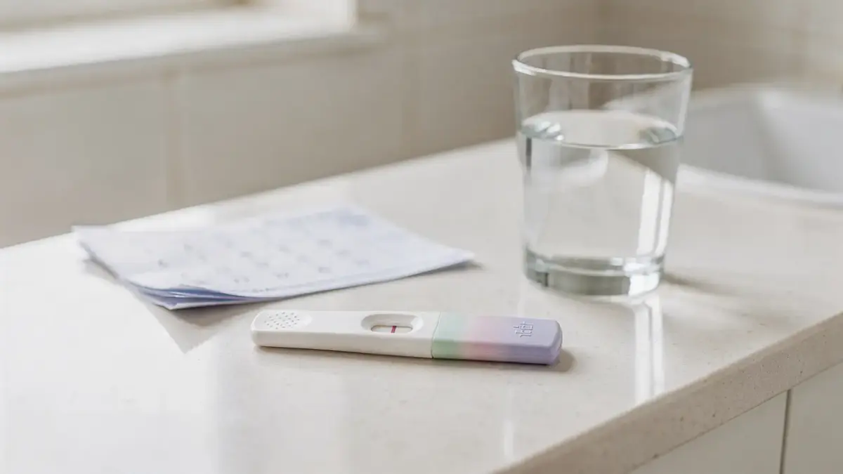 Schwangerschaftstest vor der Periode auf einem Badregal mit Kalender und Glas Wasser