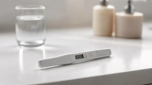 Digitaler Schwangerschaftstest auf Badablage mit Wasserglas und Hygieneartikeln