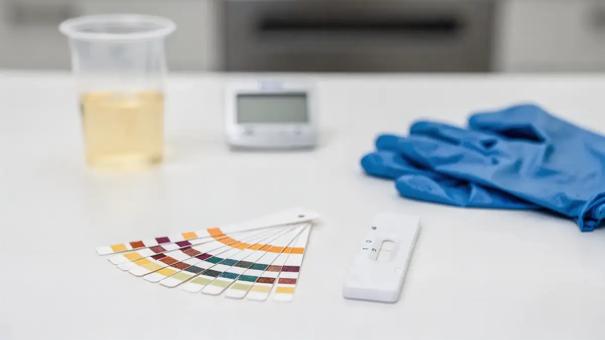 Streifentest und Kassettentest in einer klinischen Testsituation mit Teststreifen, Kassettentest, Probenbecher und Handschuhen