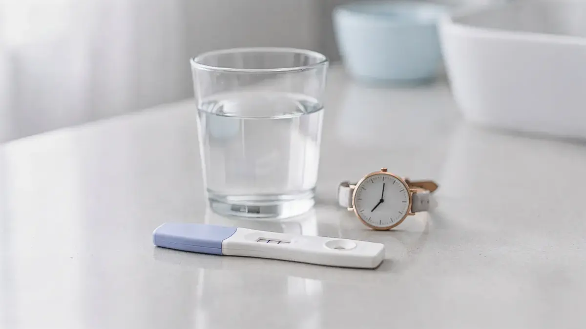 Schwangerschaftstest auf Badablage mit Wasserglas und Uhr zur Vorbereitung auf den Test