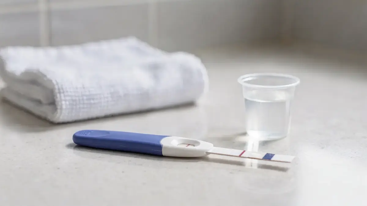 Urin-Schwangerschaftstest auf Badezimmerablage mit Probenbecher – Thema: Wie sicher ist das Ergebnis?