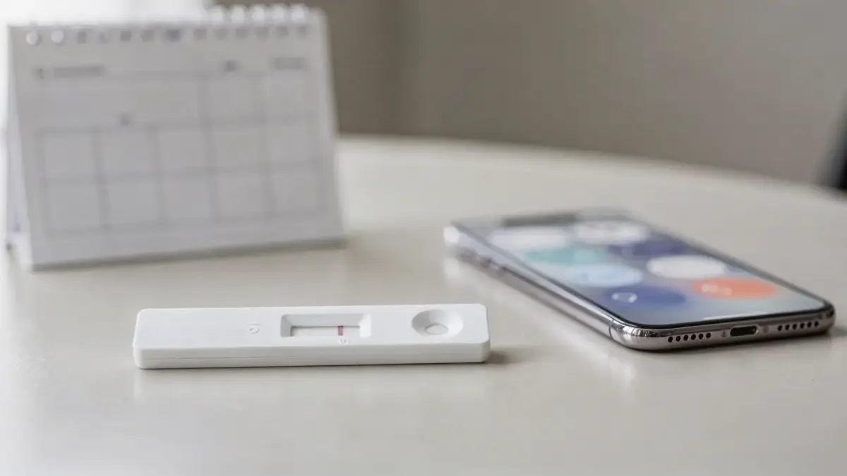 COVID-19-Schnelltest, Kalender und Smartphone zum Thema Nach negativem Test wann erneut testen?