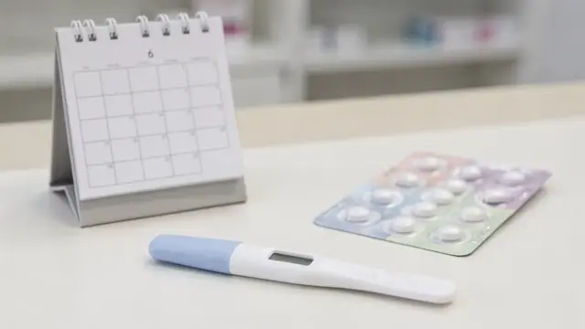 Pille danach: Kalender, Schwangerschaftstest und Verpackung auf hellem Tisch