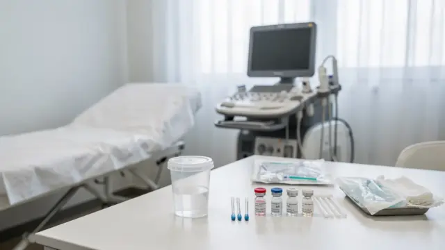Arztpraxis mit Ultraschallgerät und Testmaterial zum Thema Schwangerschaftstest beim Arzt