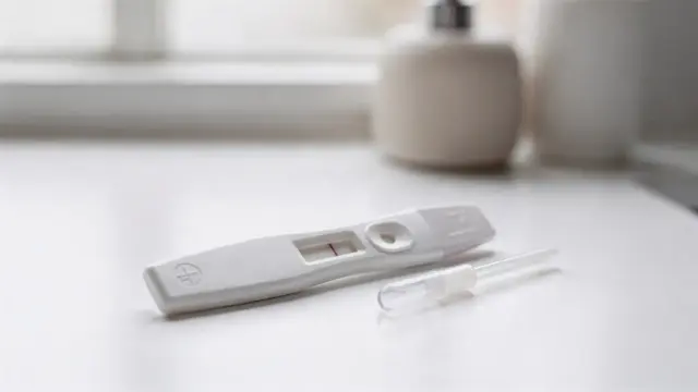 Schwangerschaftstest-Kassette mit Tropfer auf hellem Badetisch zur Anwendung und Auswertung