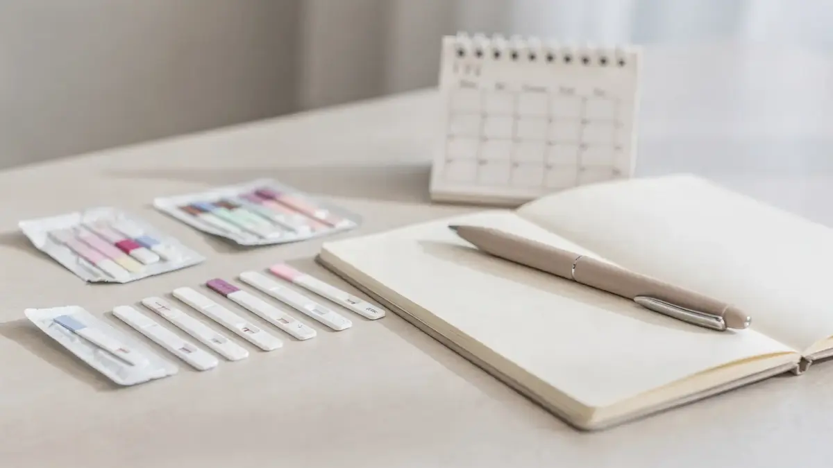 Kalender, Ovulationstests und Notizbuch zur Bestimmung fruchtbarer Tage nach Fehlgeburt