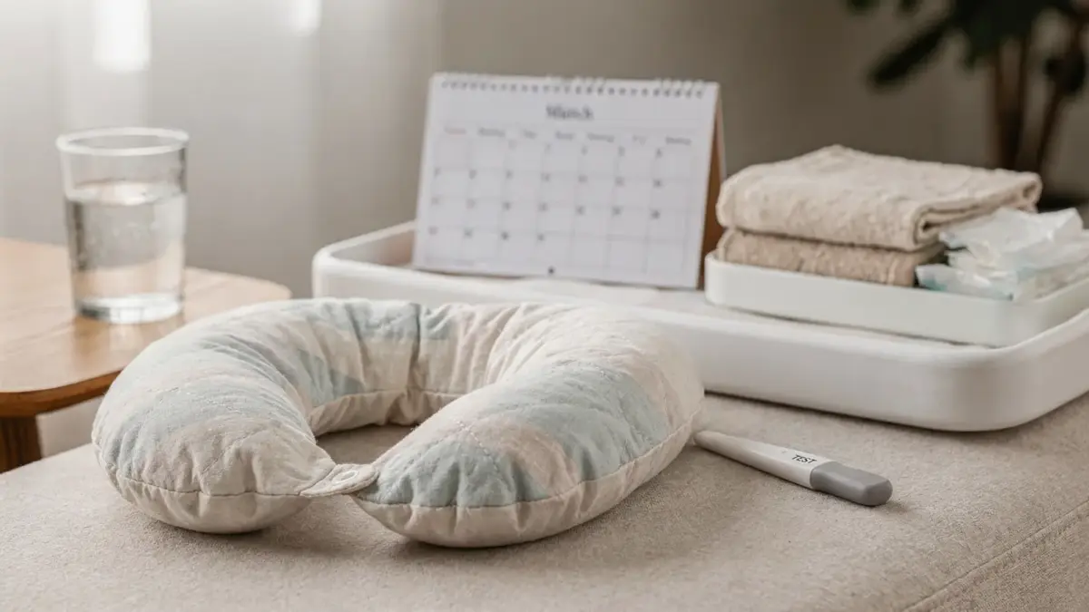 Stillen und fruchtbare Tage erkennen: Kalender, Stillkissen und Ovulationstest in ruhiger Szene