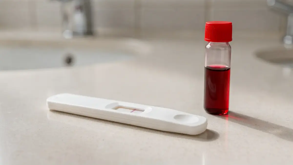 Schwangerschaftstest und Probenvial zum Testen von niedrigem hCG