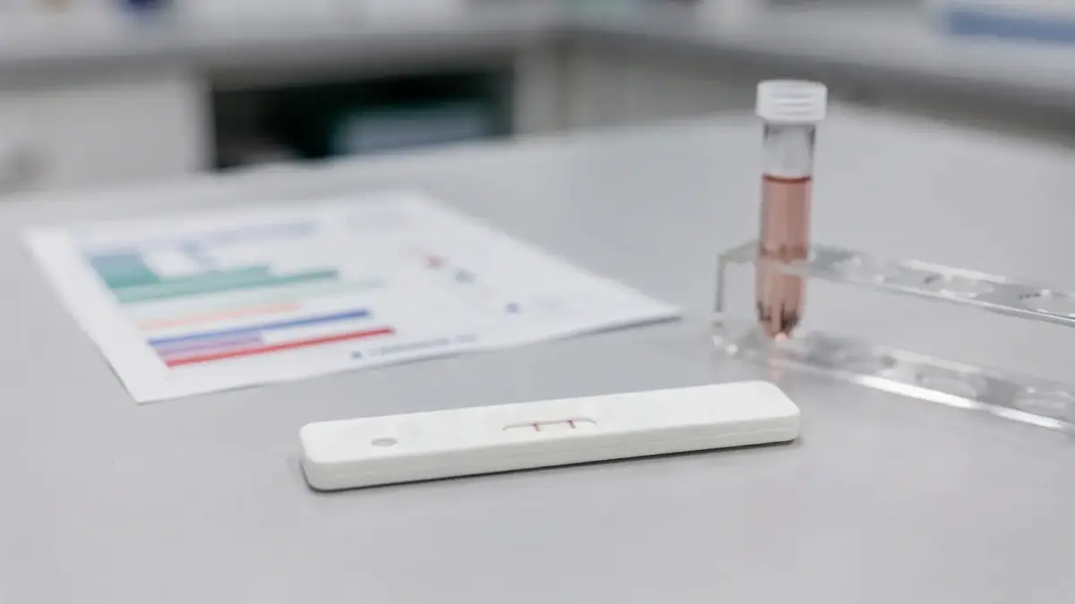 Schwangerschaftstest und Laborutensilien zum Thema hCG für Schwangerschaftstests