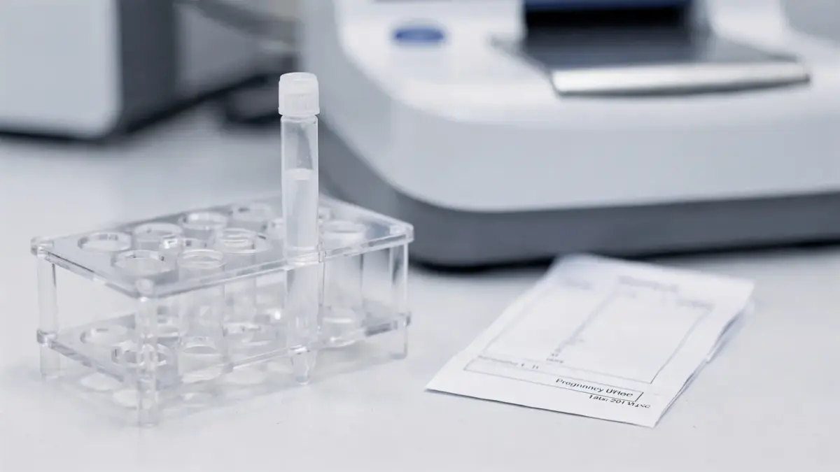 Labor mit Blutprobe und Analysegerät zum Thema niedriges hCG