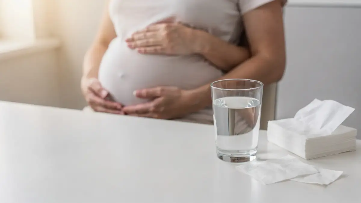 Schwangere Frau mit Händen am Bauch und Wasserglas als Motiv zum Speichelfluss in der Schwangerschaft