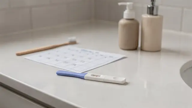 Schwangerschaftstest vor der Periode auf einem Badregal neben einem Kalender