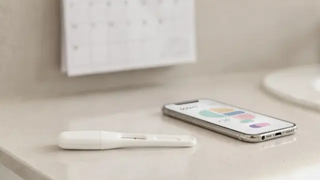 Schwangerschaftstest neben Kalender und Smartphone zum Thema Nach Eisprung testen
