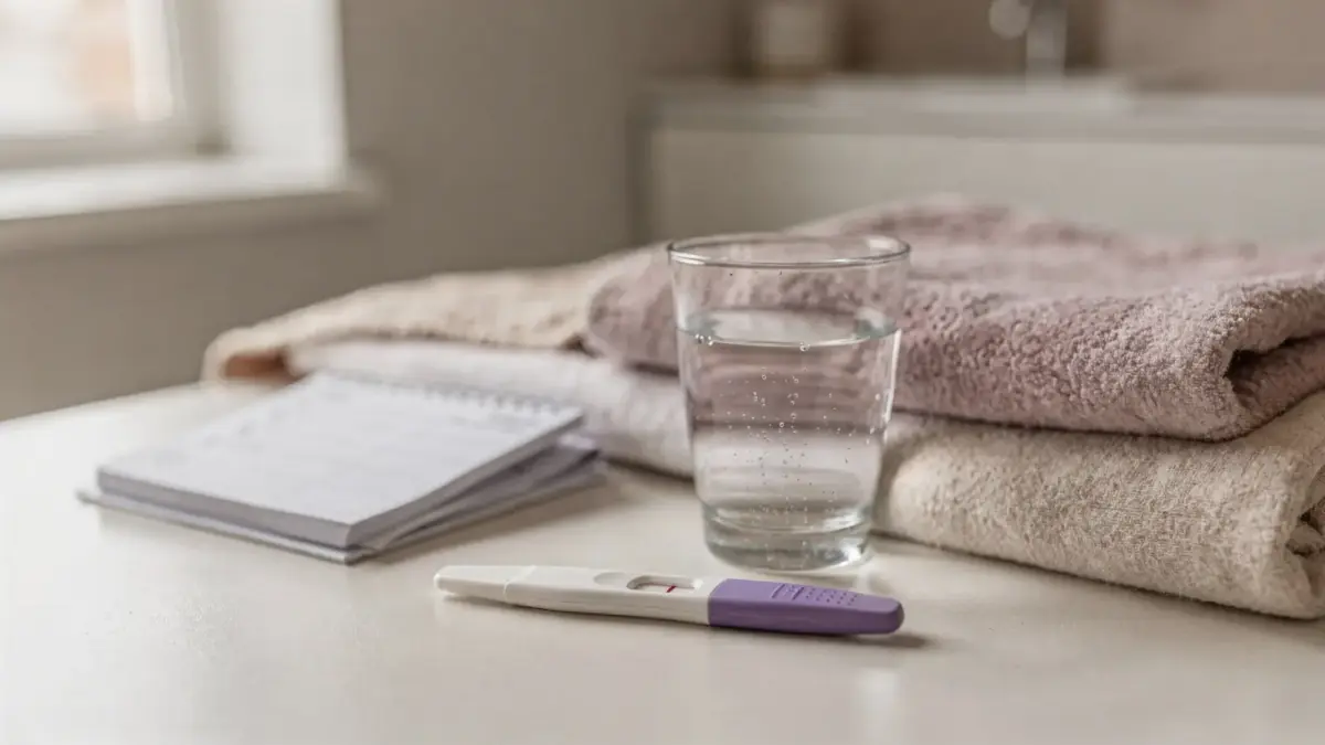 Symbolbild zu frühen Schwangerschaftsanzeichen mit Schwangerschaftstest, Kalender und Glas auf ruhiger Fläche