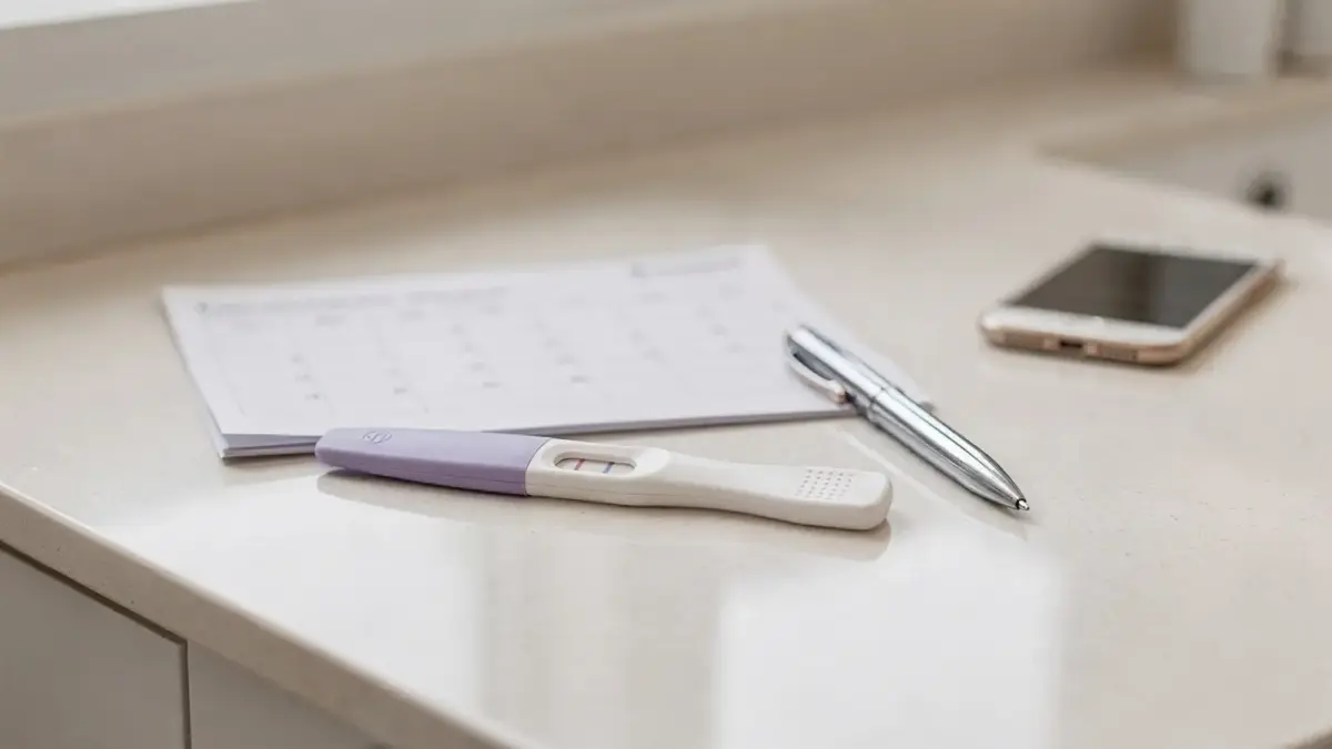 Positiver Schwangerschaftstest neben Kalender und Stift als Thema zum Arzttermin in der Frühschwangerschaft