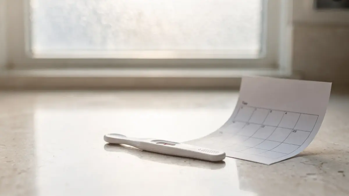 Frühtest vor dem Periodenbeginn neben Kalender in neutraler Badezimmer-Szene