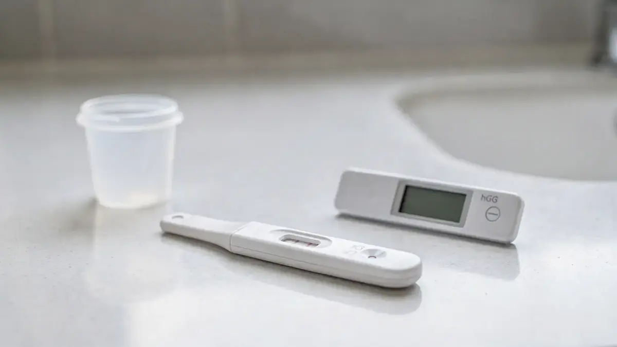 Schwangerschaftstest und hCG-Testgerät auf einem sauberen Badregal zur hCG-Grenze beim Schwangerschaftstest