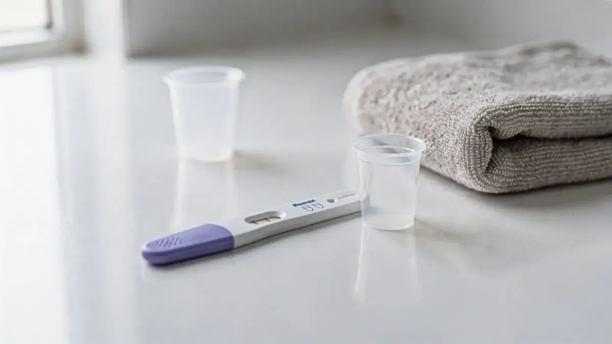 Schwangerschaftstest hCG auf einem Badezimmerregal mit Urintest und Probenbecher