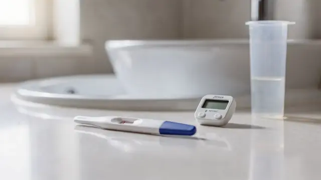 Schwangerschaftstest auf Badezimmerablage mit Testgerät, Becher und Uhr für die richtige Durchführung