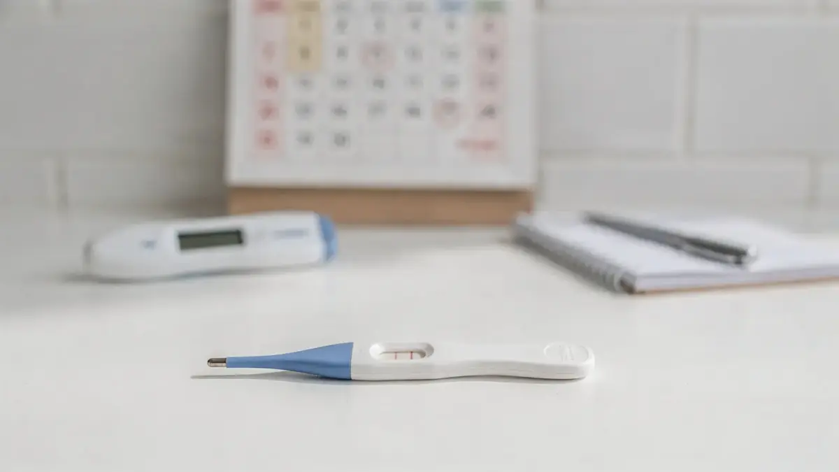 Frühschwangerschaftstest nach Eisprung mit Schwangerschaftstest, Kalender und Zyklusnotizen im Bad