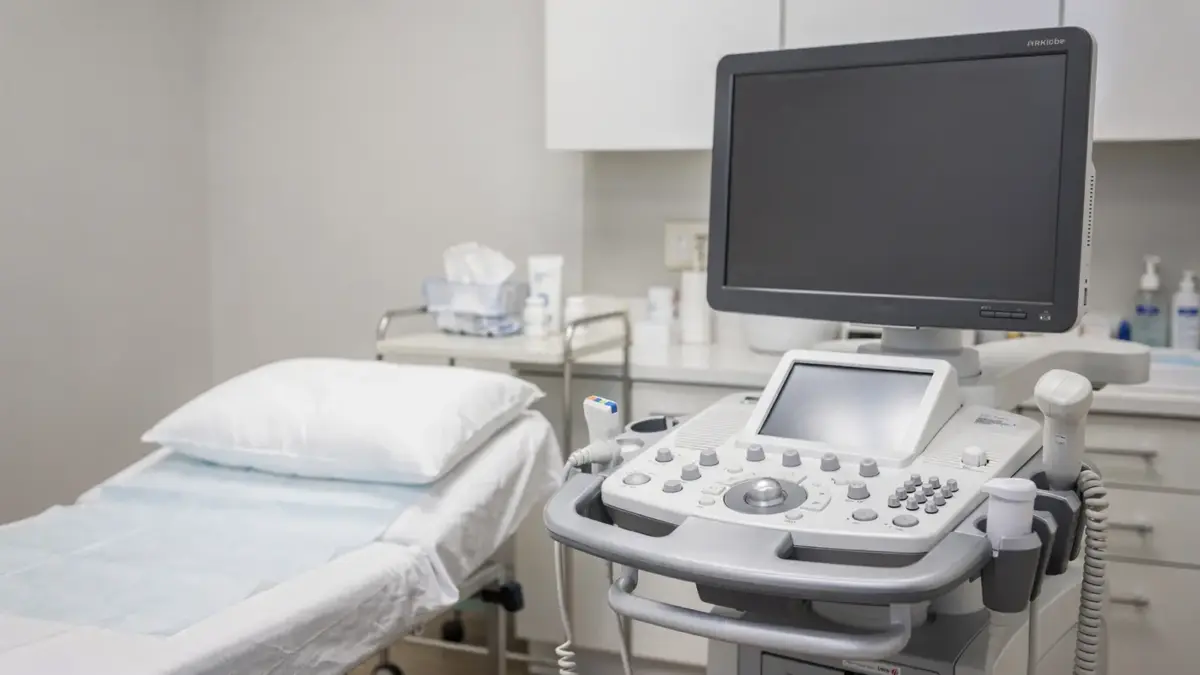 Ultraschallraum mit Gerät zur Schwangerschaftsdiagnostik, Sonde und Liege