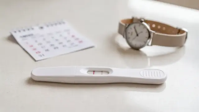 Negativer Schwangerschaftstest auf dem Badregal mit Kalender und Uhr: zu früh negativer hCG-Test