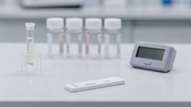 Laborszene mit Testkassette, Probenröhrchen und Timer zum Thema: Wann ist das Testergebnis sicher?