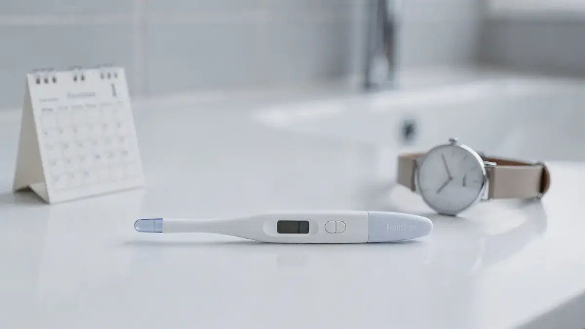 Schwangerschaftstest, Kalender und Uhr zum Thema Eisprung und hCG-Nachweis