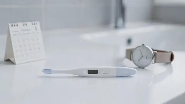 Schwangerschaftstest, Kalender und Uhr zum Thema Eisprung und hCG-Nachweis