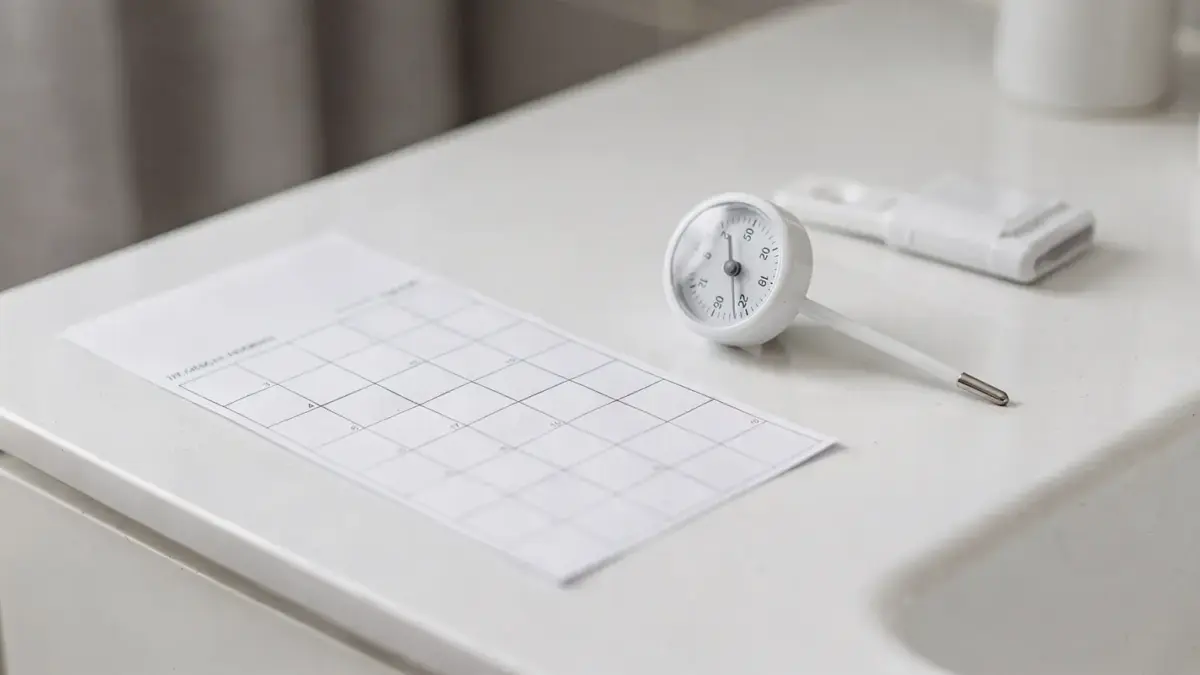 Menstruationskalender, Thermometer und Schwangerschaftstest als Symbol für Anzeichen vor der Periode