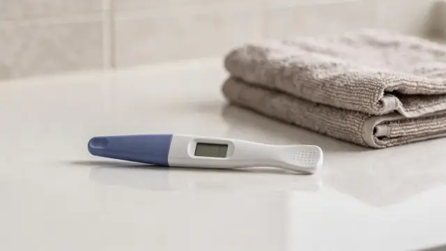 Digitaler Schwangerschaftstest auf einem Badezimmerregal zum Thema Ergebnis richtig lesen