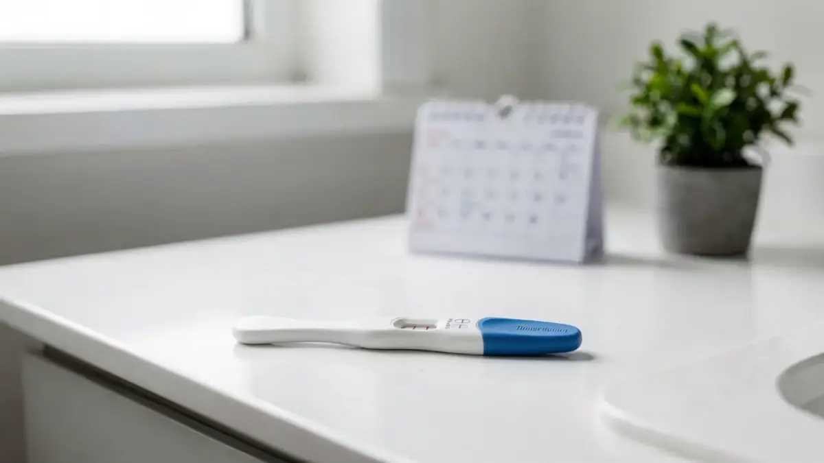 Positiver Schwangerschaftstest nach Fehlgeburt auf einer sauberen Ablage neben Kalender und Pflanze