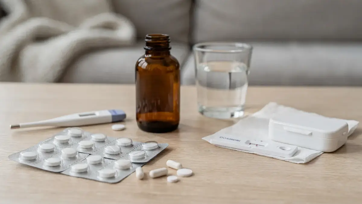 Medikamente nach positivem Test: Pillendose, Blister und Smartphone in einer Beratungsszene