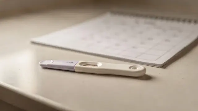 Schwangerschaftstest neben Kalender auf dem Badregal zum Frühtest bei unregelmäßigem Zyklus