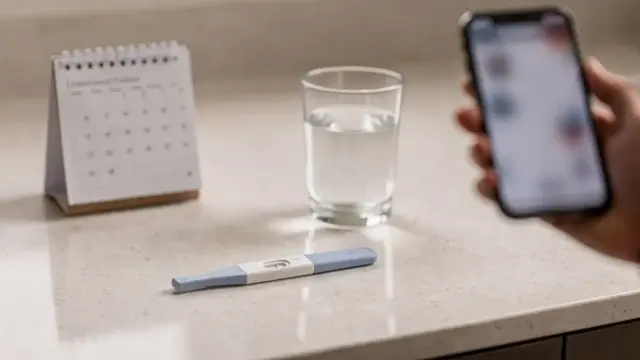 Schwangerschaftstest auf dem Badetisch neben Kalender und Handy zum Thema negativer Schwangerschaftstest