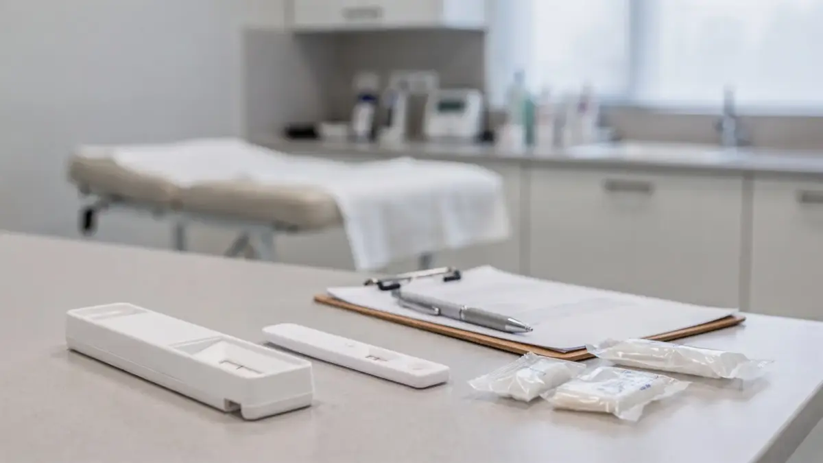 Schwangerschaftstest beim Arzt in einer gynäkologischen Praxis mit Testkit und Untersuchungsraum
