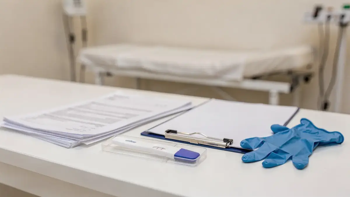 Schwangerschaftstest beim Hausarzt: Testkit und Unterlagen im Arztzimmer