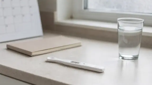 Schwangerschaftstest neben Kalender und Notizbuch bei überfälliger Periode